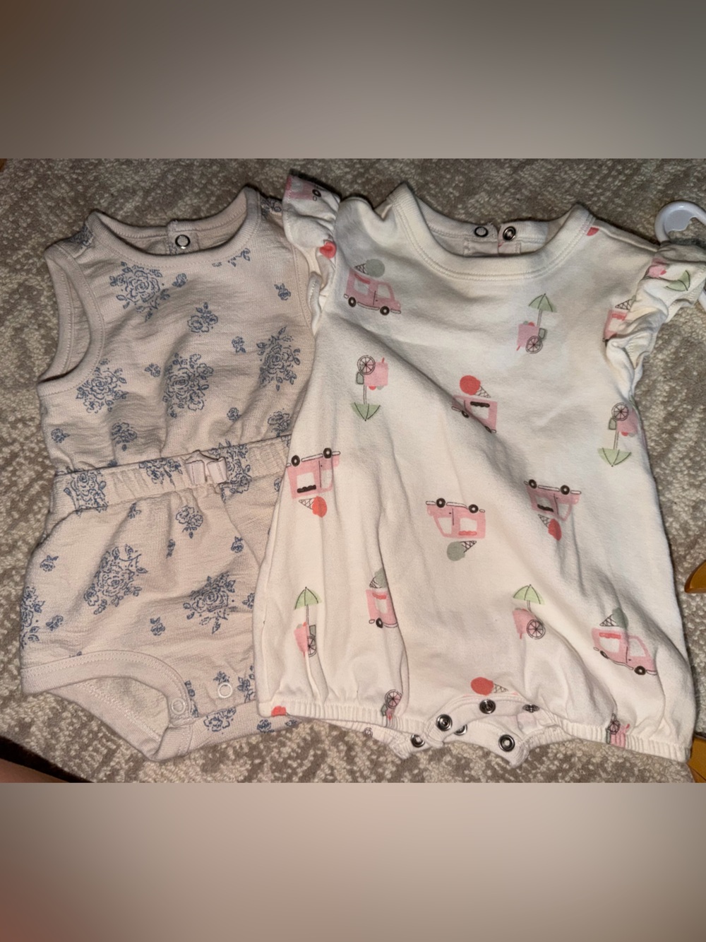 Baby Girls' White Floral & Print Sleeveless Rompers - Set of 2